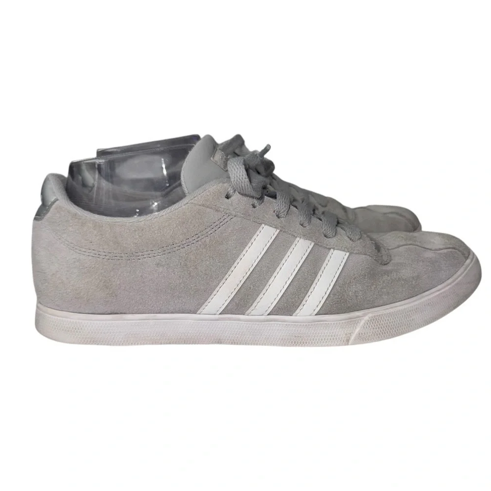 Adidas VL Court 2.0 Gray Suede Low Top Sneakers White Stripes Mens 9.5 Womens 11